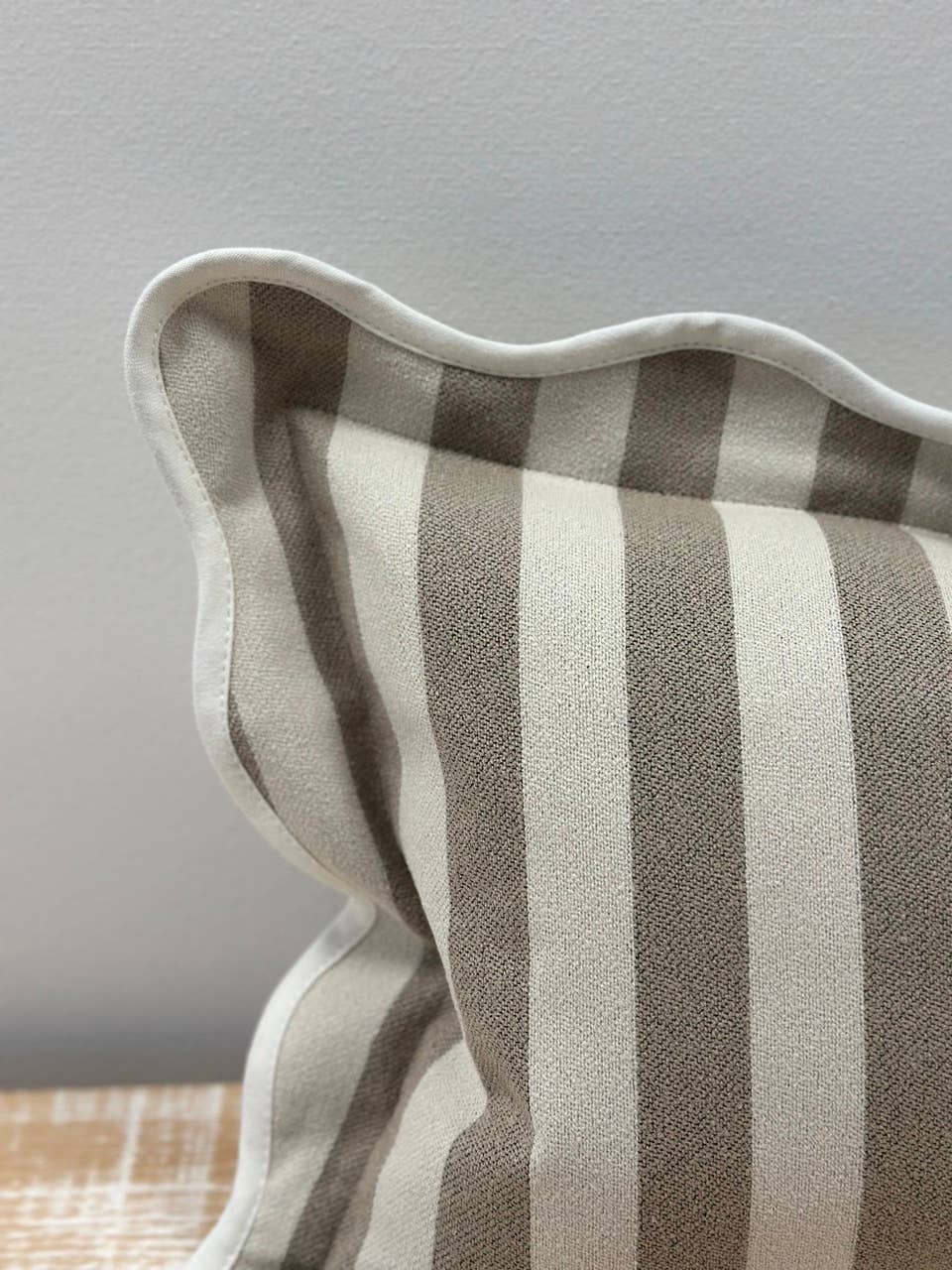Chloe Greige Stripe Scalloped Edge Cushion Cover 50x30 - Bridgnorth Furniture