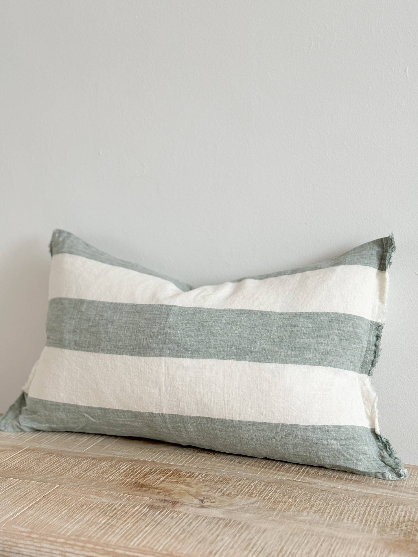 Esmee Frayed Edge Linen Cushion Cover – Teal Wide Stripe - Bridgnorth Furniture