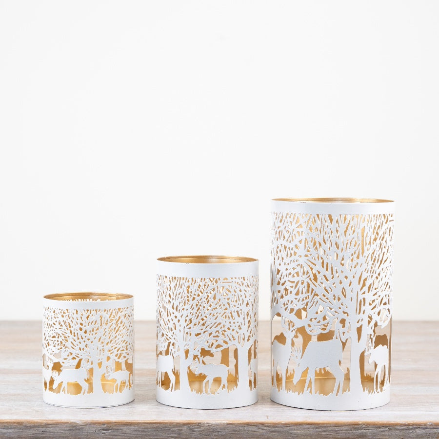 White/Gold Xmas Scene Candle Holder 14cm - Bridgnorth Furniture