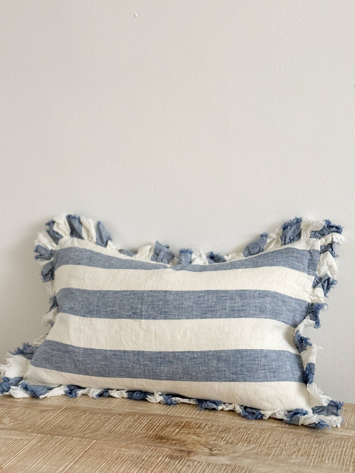 Hallie Ruffled Linen Cushion Cover – Blue Wide Stripe - Bridgnorth Furniture