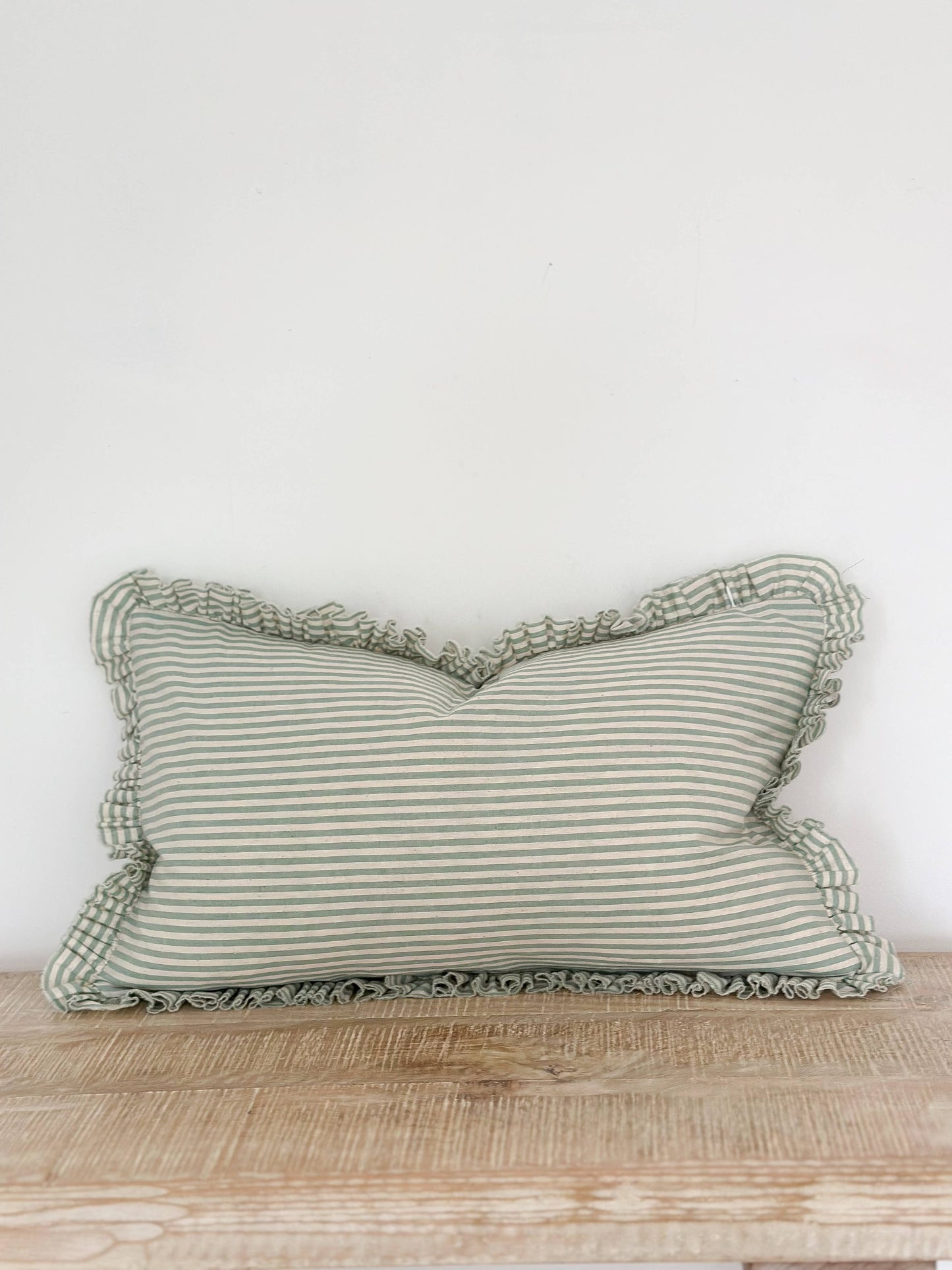 Darcy Ruffle Cotton Cushion Cover 50x30 – Sage Green Stripe - Bridgnorth Furniture