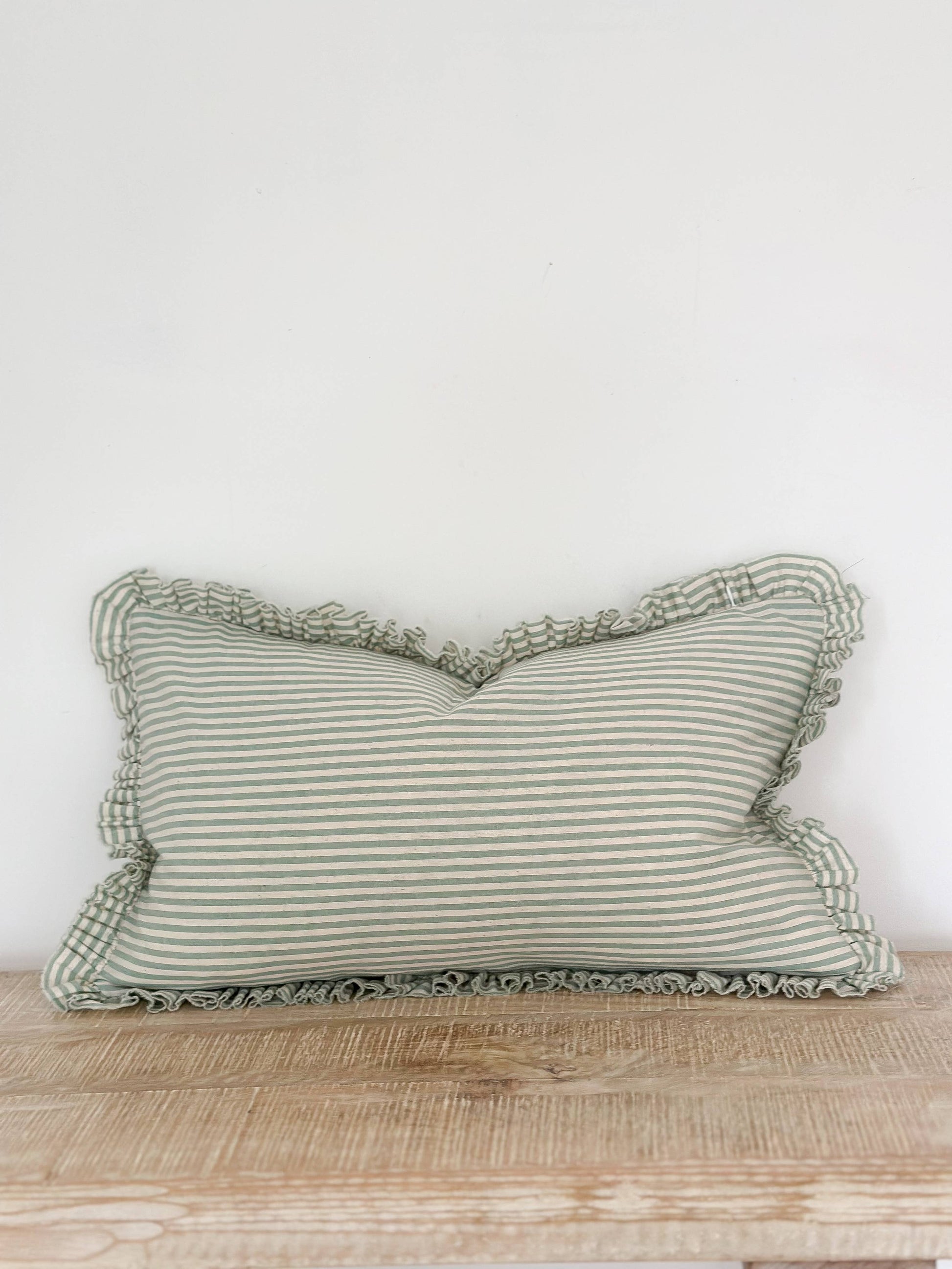 Darcy Ruffle Cotton Cushion Cover 50x30 – Sage Green Stripe - Bridgnorth Furniture