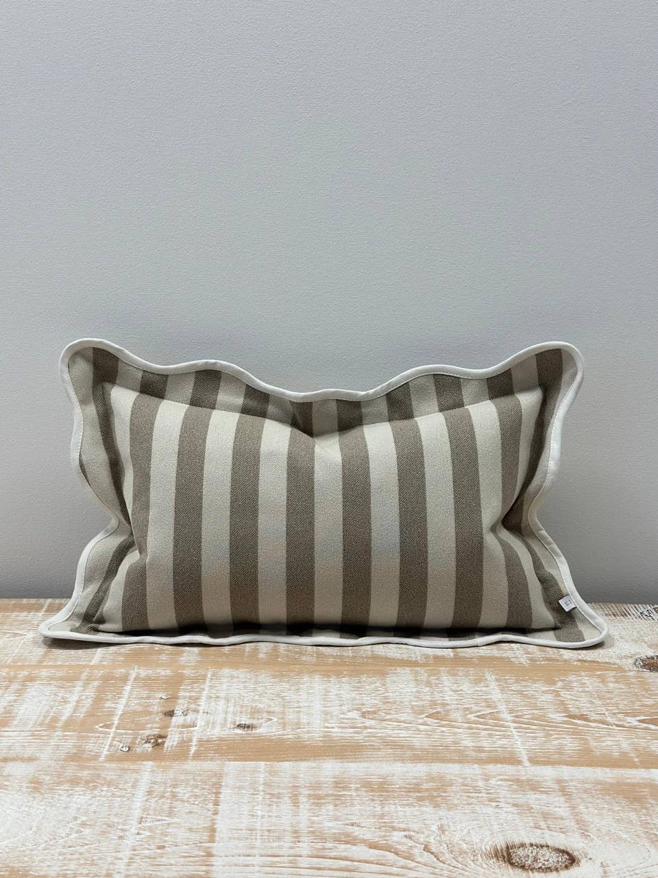 Chloe Greige Stripe Scalloped Edge Cushion Cover 50x30 - Bridgnorth Furniture
