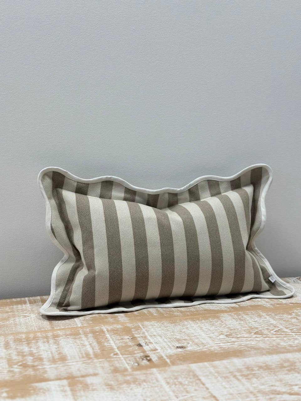 Chloe Greige Stripe Scalloped Edge Cushion Cover 50x30 - Bridgnorth Furniture