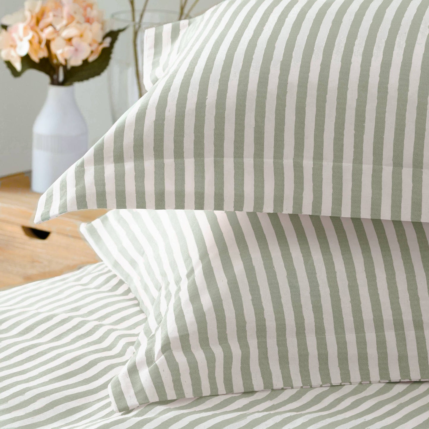 Hebden Mélange Stripe 100% Cotton Duvet Cover Set Eucalyptus - Bridgnorth Furniture