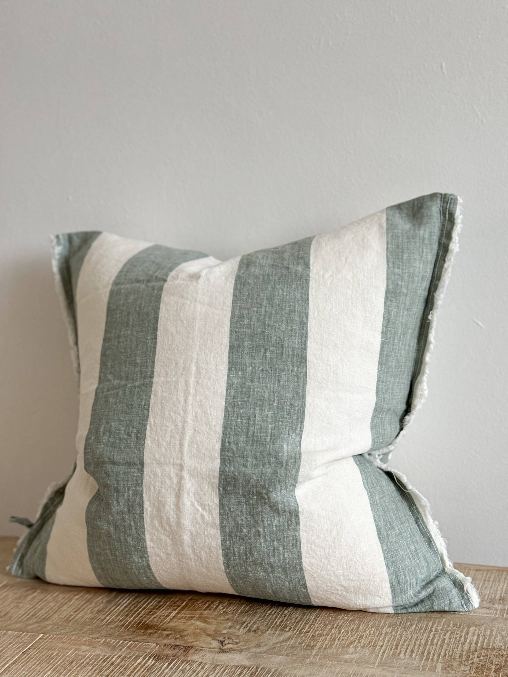 Esmee Frayed Edge Linen Cushion Cover – Teal Wide Stripe - Bridgnorth Furniture