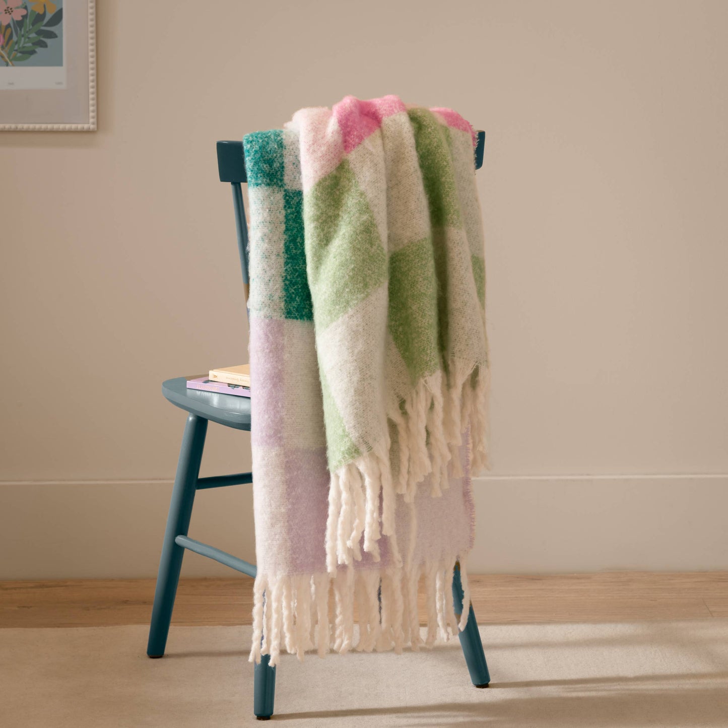 Maisie Checked Tasselled Throw Aqua Blossom - Bridgnorth Furniture