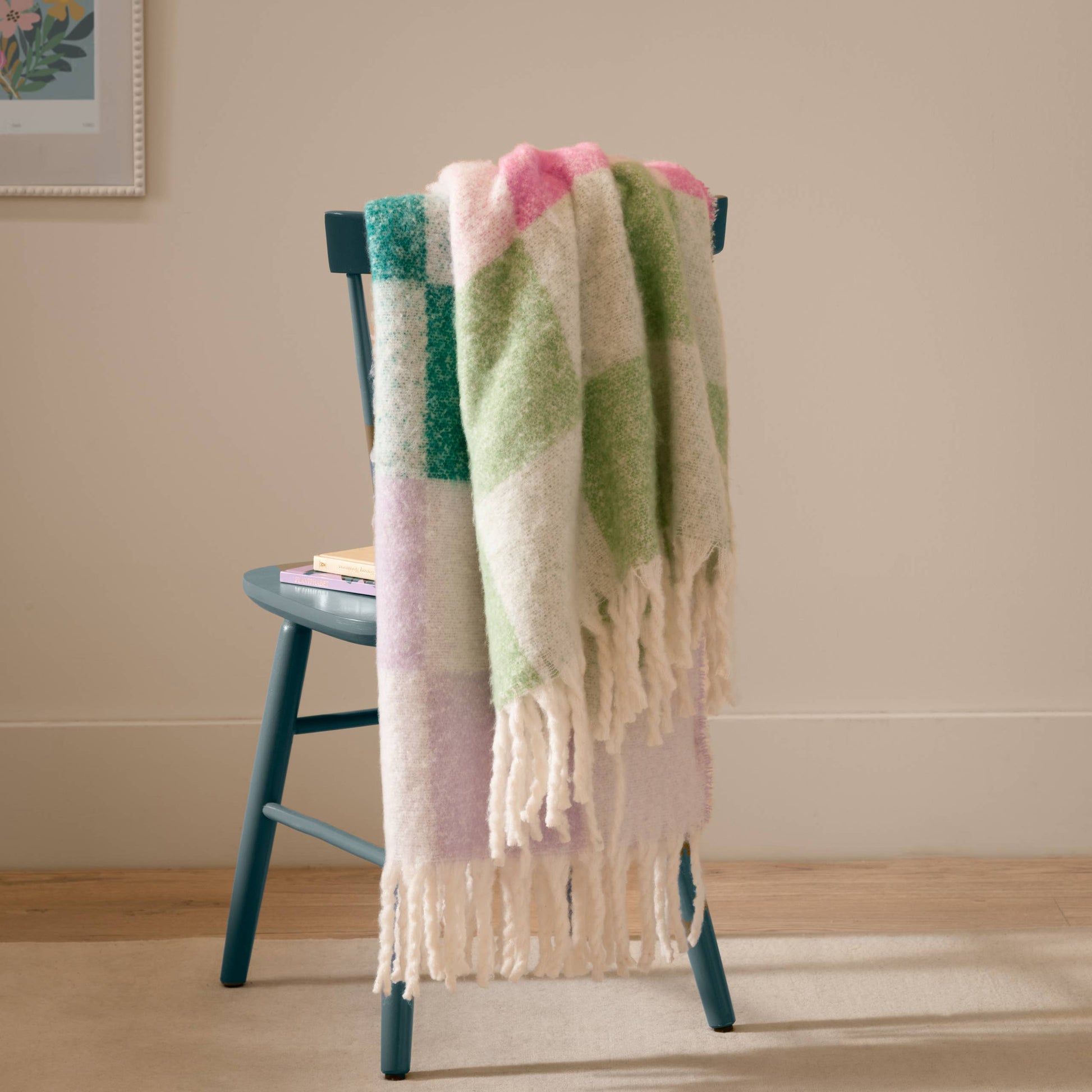 Maisie Checked Tasselled Throw Aqua Blossom - Bridgnorth Furniture