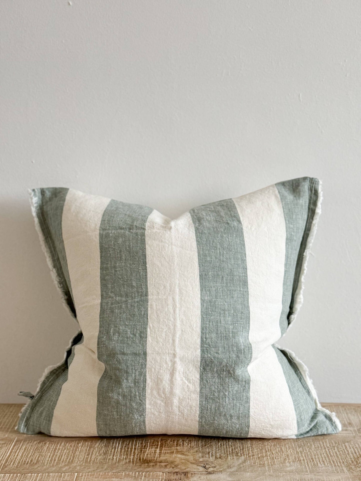 Esmee Frayed Edge Linen Cushion Cover – Teal Wide Stripe - Bridgnorth Furniture