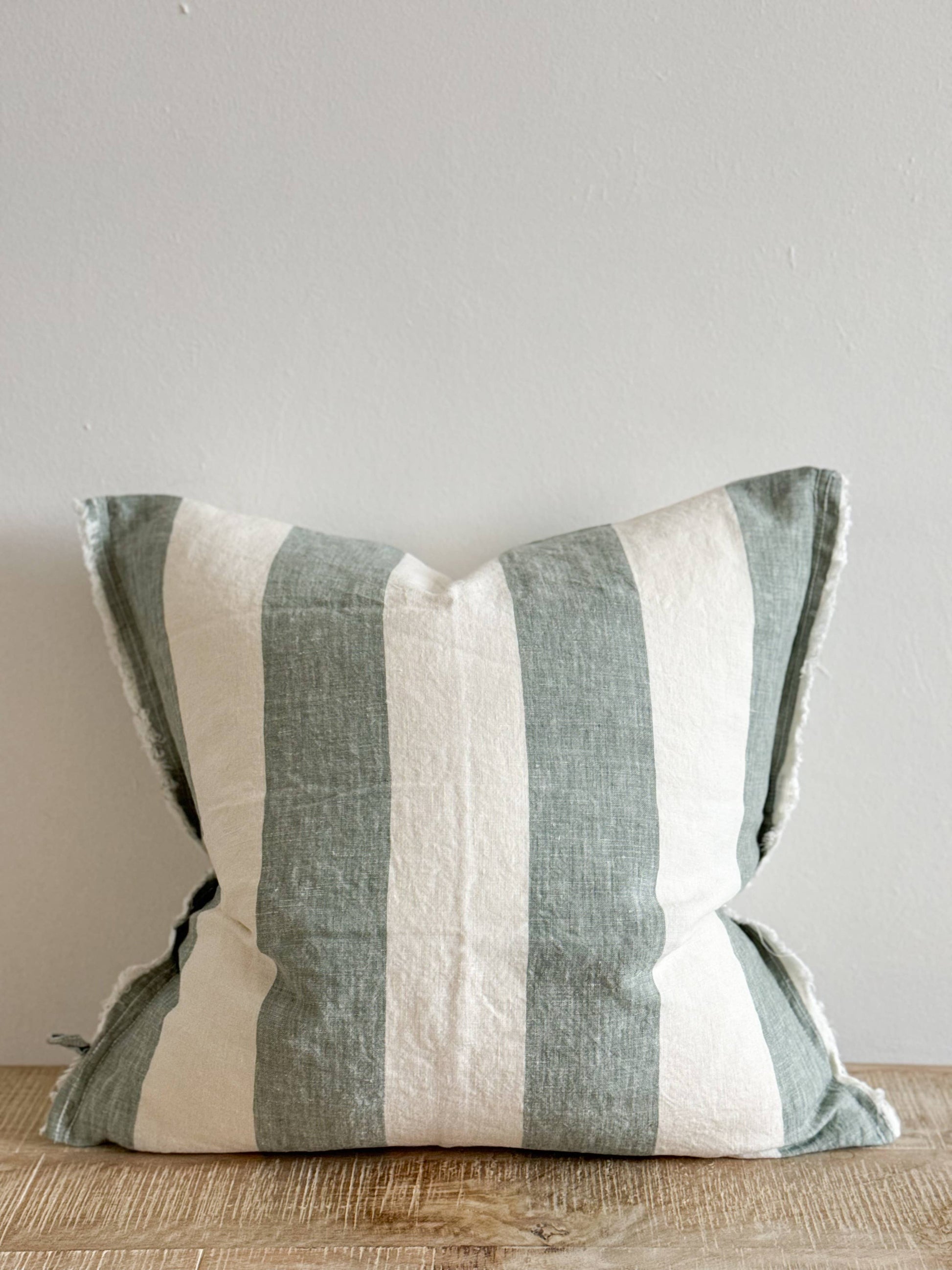 Esmee Frayed Edge Linen Cushion Cover – Teal Wide Stripe - Bridgnorth Furniture