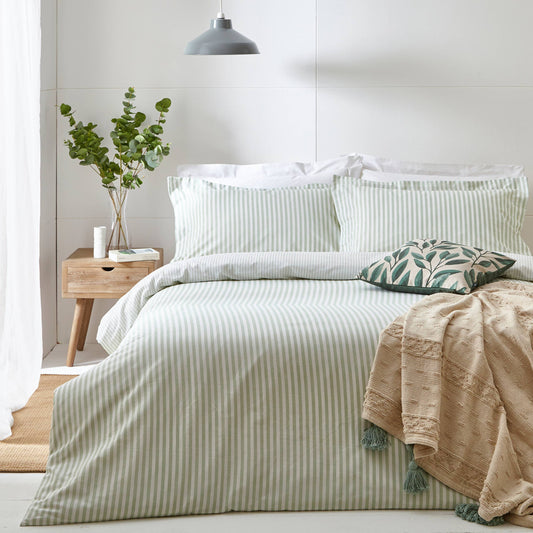 Hebden Mélange Stripe 100% Cotton Duvet Cover Set Eucalyptus - Bridgnorth Furniture