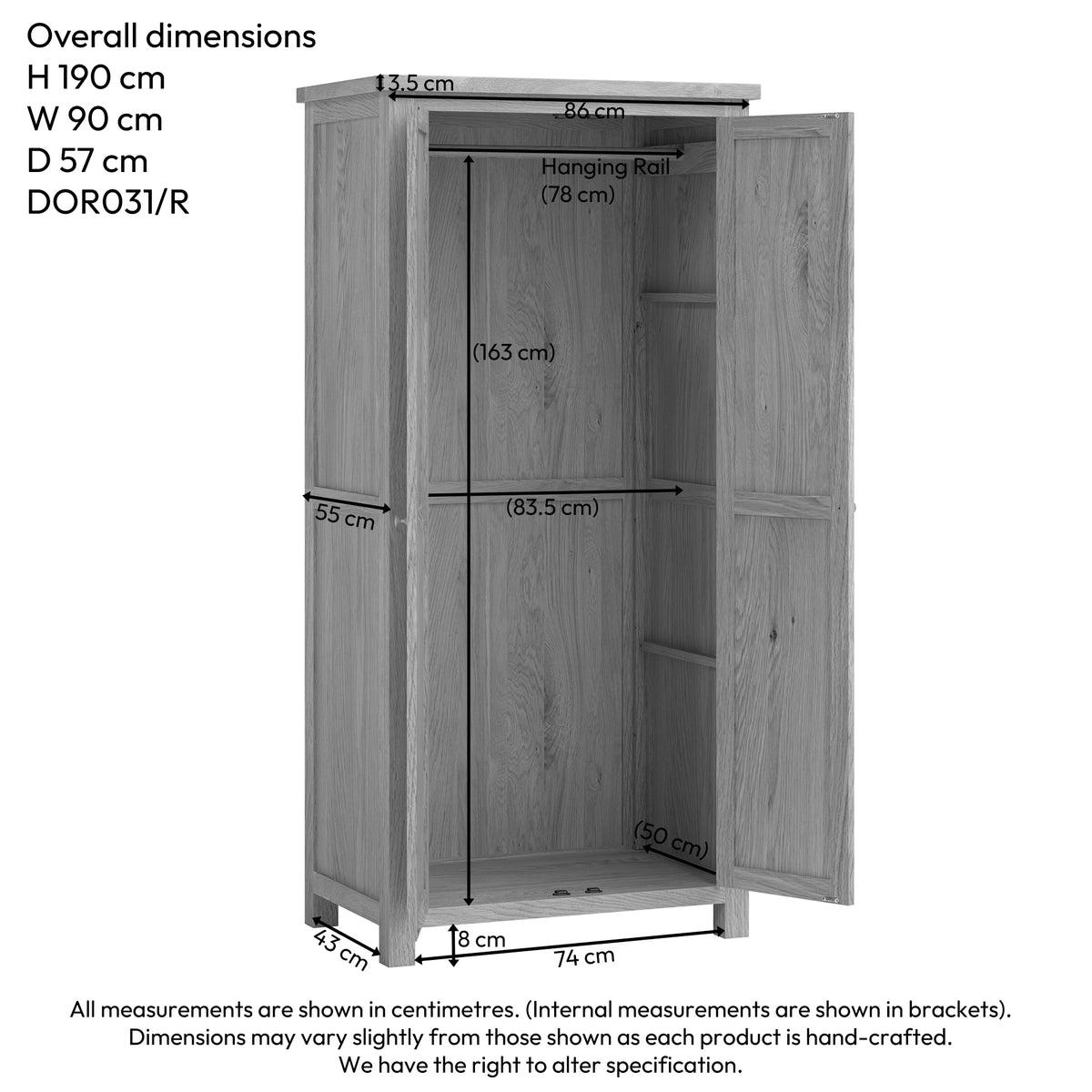Drayton Rustic Oak All Hanging Double Wardrobe - Bridgnorth Furniture