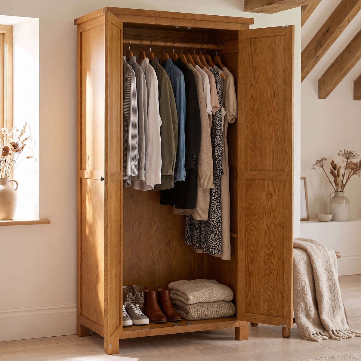 Drayton Rustic Oak All Hanging Double Wardrobe - Bridgnorth Furniture
