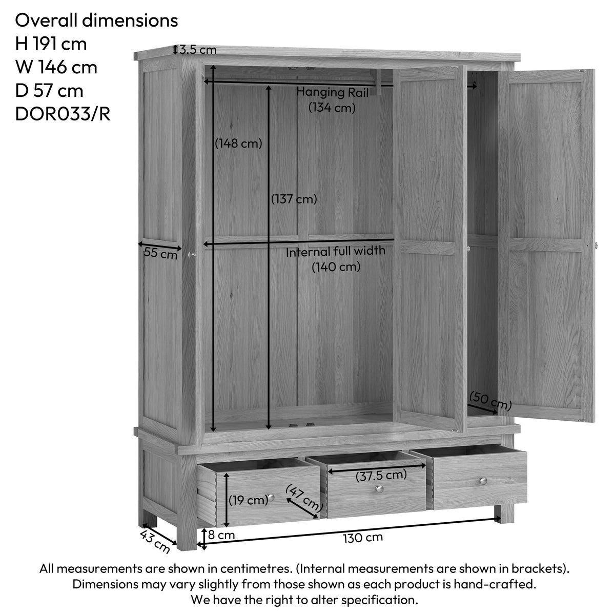 Drayton Triple Wardrobe with 3 Drawers