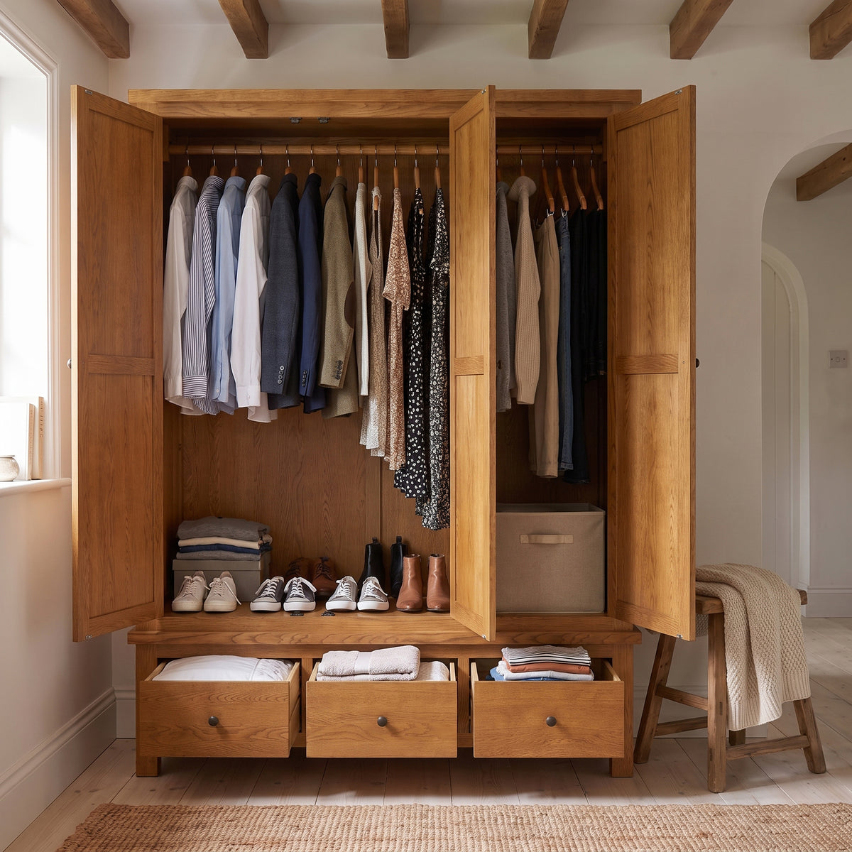 Drayton Rustic Oak Triple Wardrobe With Drawers - Bridgnorth Furniture