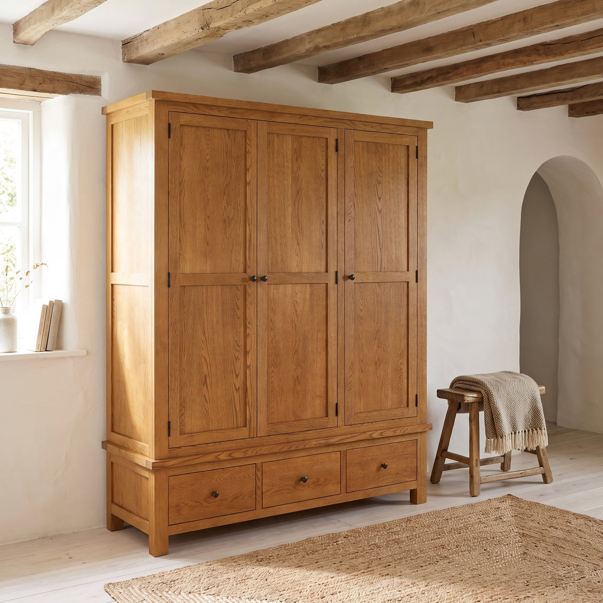 Drayton Rustic Oak Triple Wardrobe With Drawers - Bridgnorth Furniture