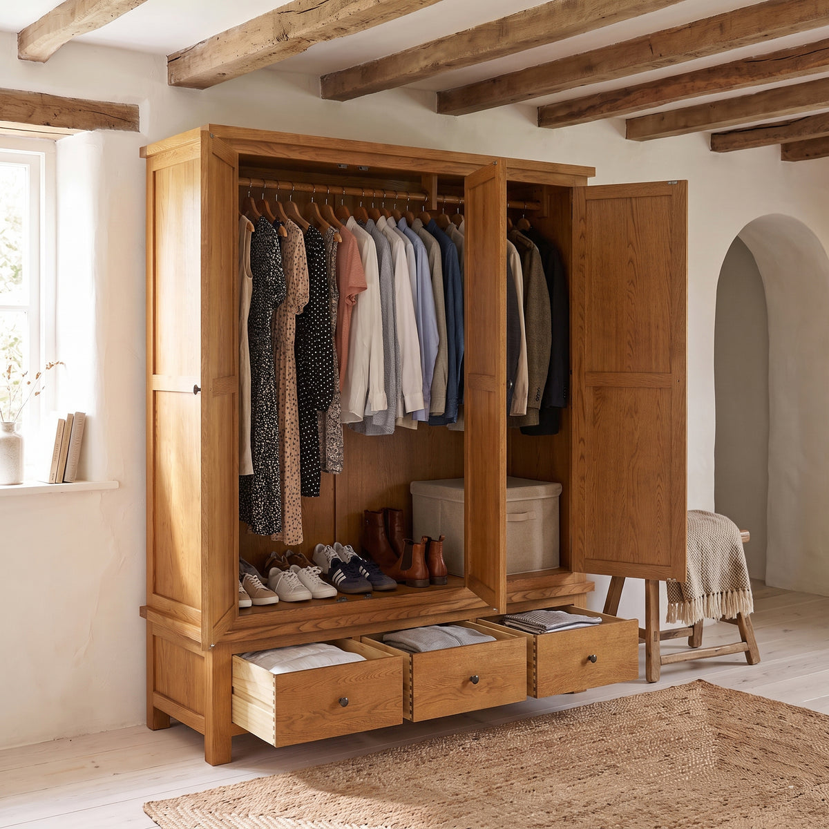 Drayton Rustic Oak Triple Wardrobe With Drawers - Bridgnorth Furniture