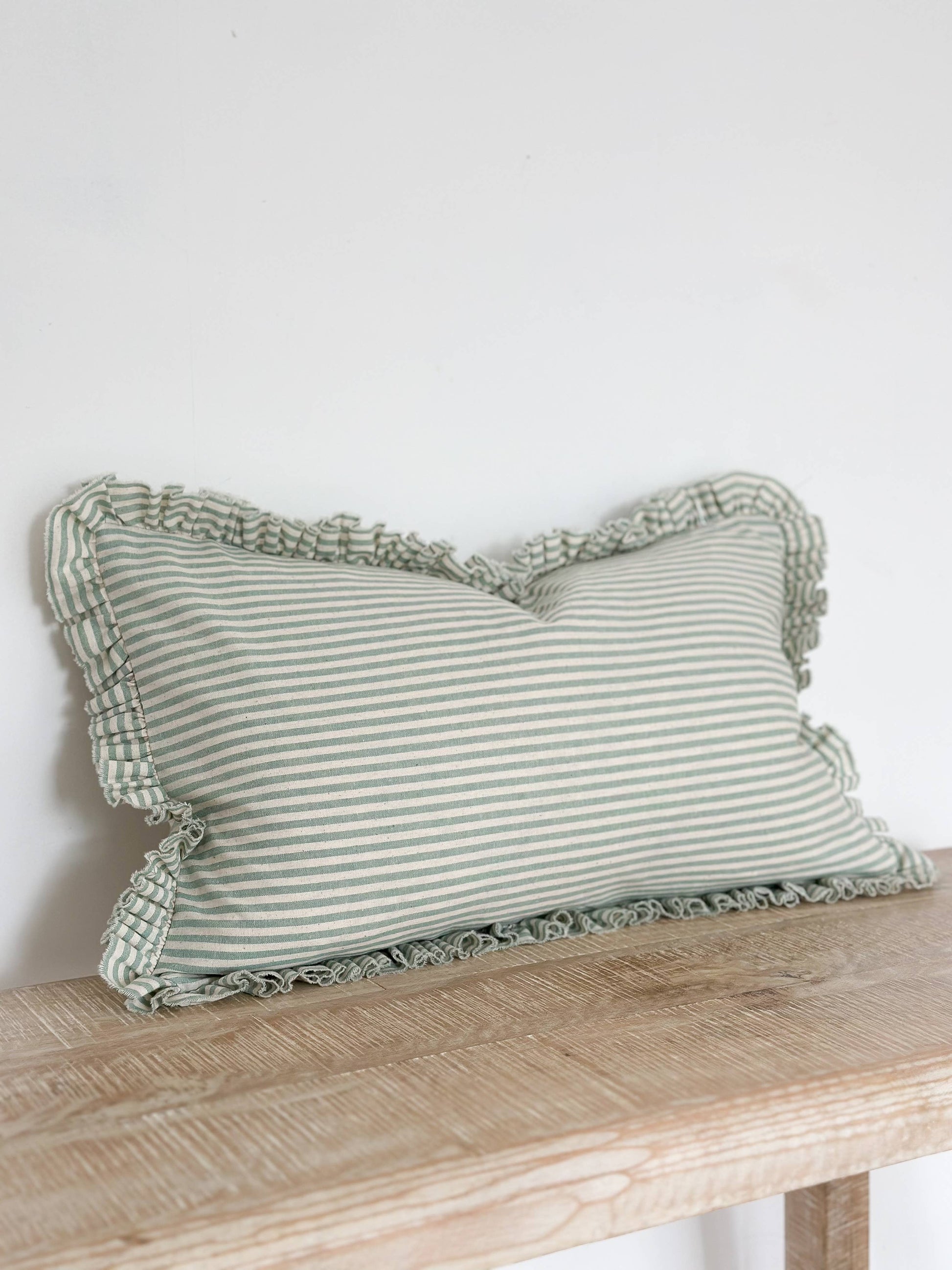 Darcy Ruffle Cotton Cushion Cover 50x30 – Sage Green Stripe - Bridgnorth Furniture