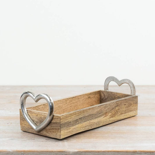 Wood Tray with Silver Heart Handle, 32cm