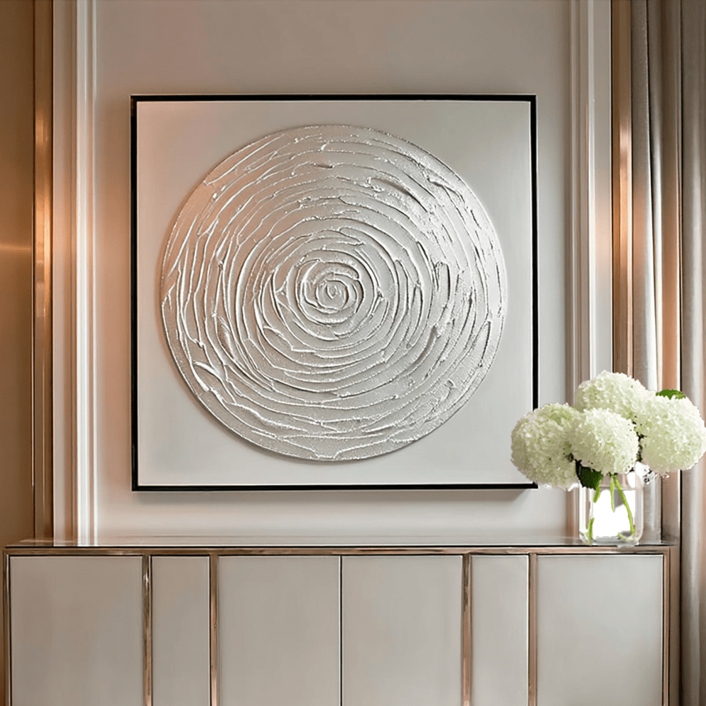Astratto Silver Textured Circle Canvas Wall Art with Black Frame - Bridgnorth Furniture