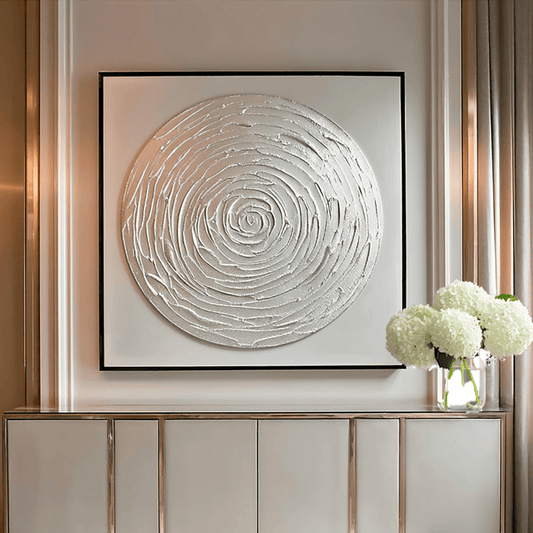 Astratto Silver Textured Circle Canvas Wall Art with Black Frame - Bridgnorth Furniture