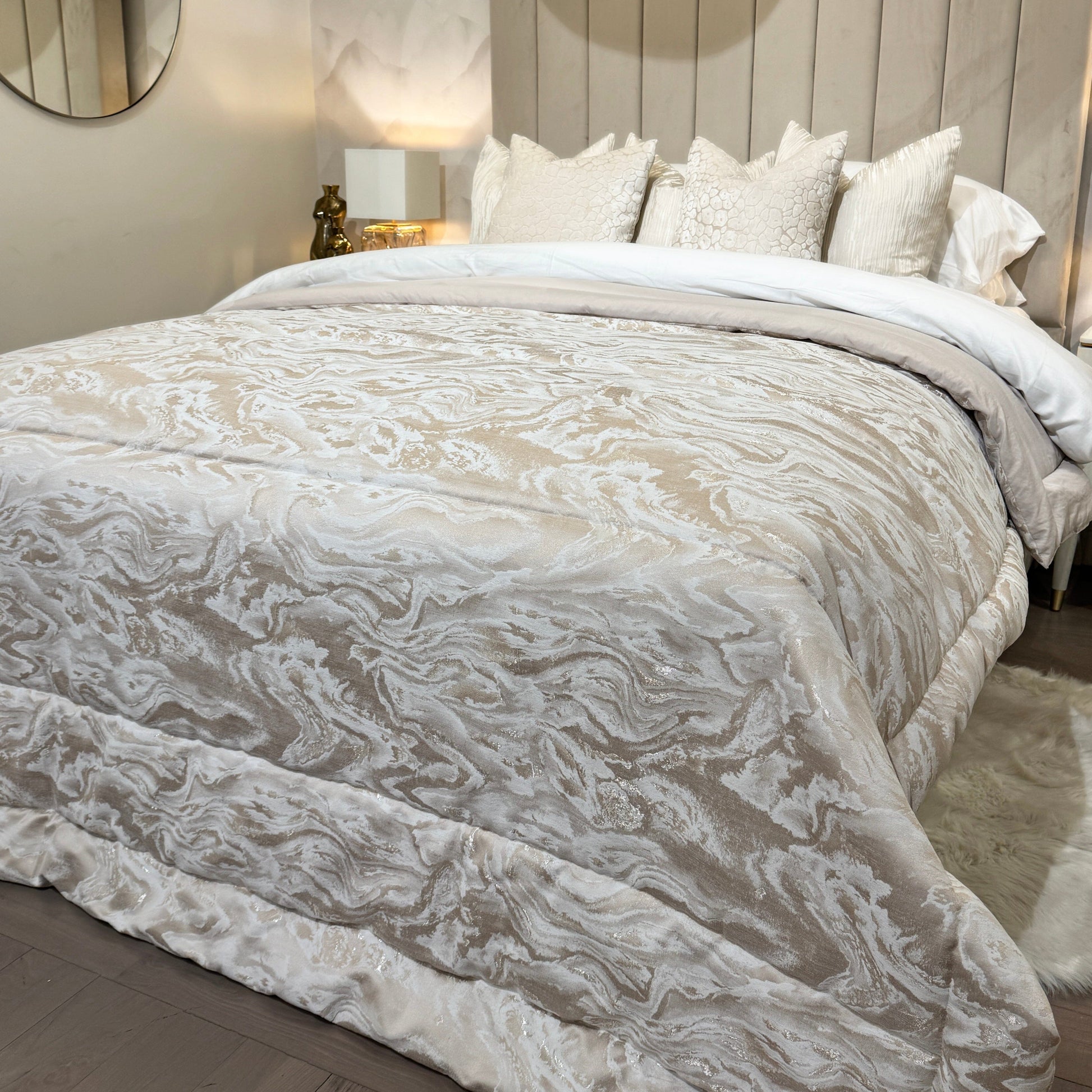Aurora Luxury Cream & Taupe Marble Effect Bedspread - Bridgnorth Furniture
