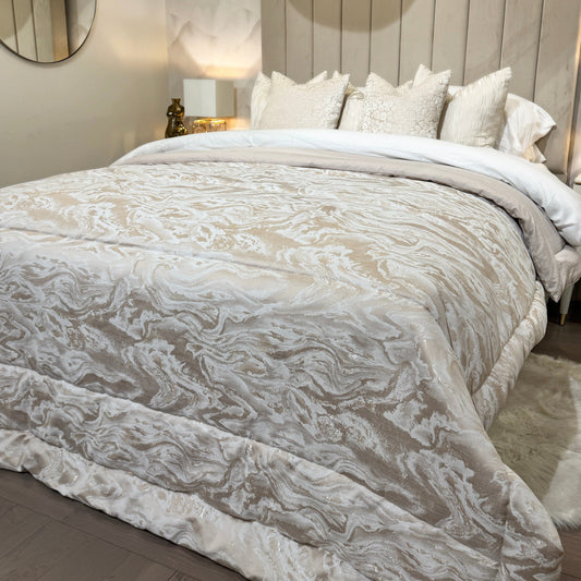 Aurora Luxury Cream & Taupe Marble Effect Bedspread - Bridgnorth Furniture