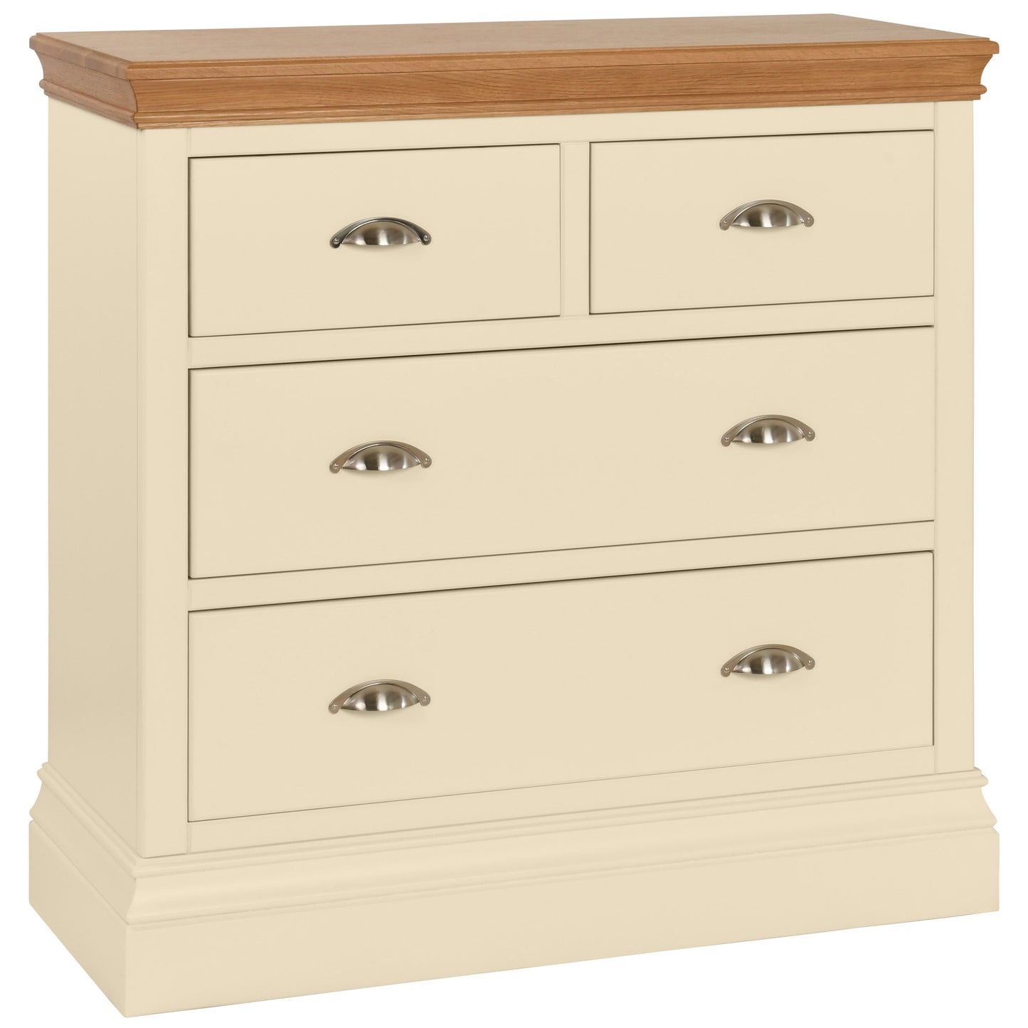 An ivory chest of drawers with a wooden top, featuring four drawers with metal handles.