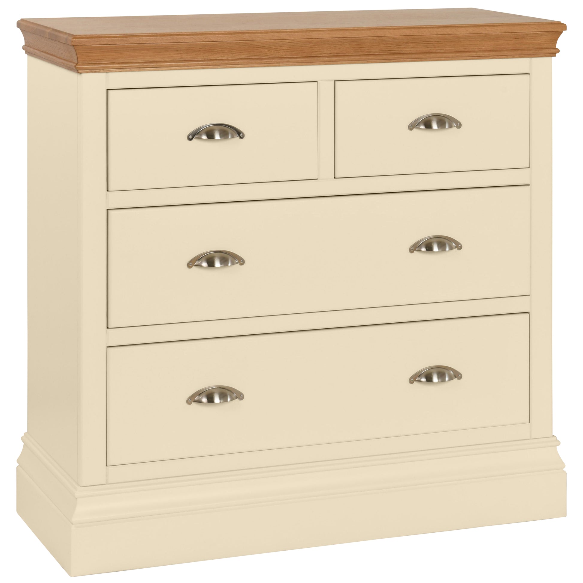 An ivory chest of drawers with a wooden top, featuring four drawers with metal handles.