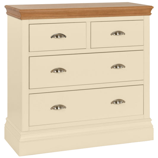 An ivory chest of drawers with a wooden top, featuring four drawers with metal handles.