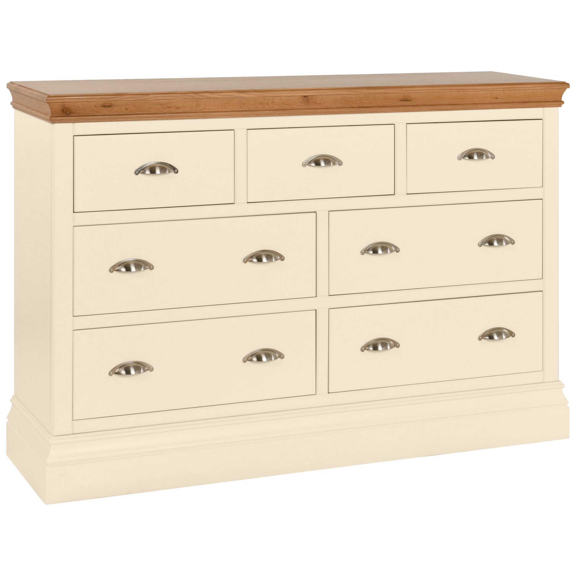 A wide 3 over 4 chest of drawers with a beige body and a wood-colored top, featuring multiple drawers with metal handles.