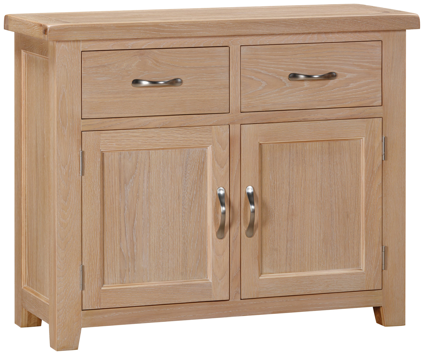 A pale oak sideboard with two single drawers above a double cupboard, featuring a contemporary metal handle.