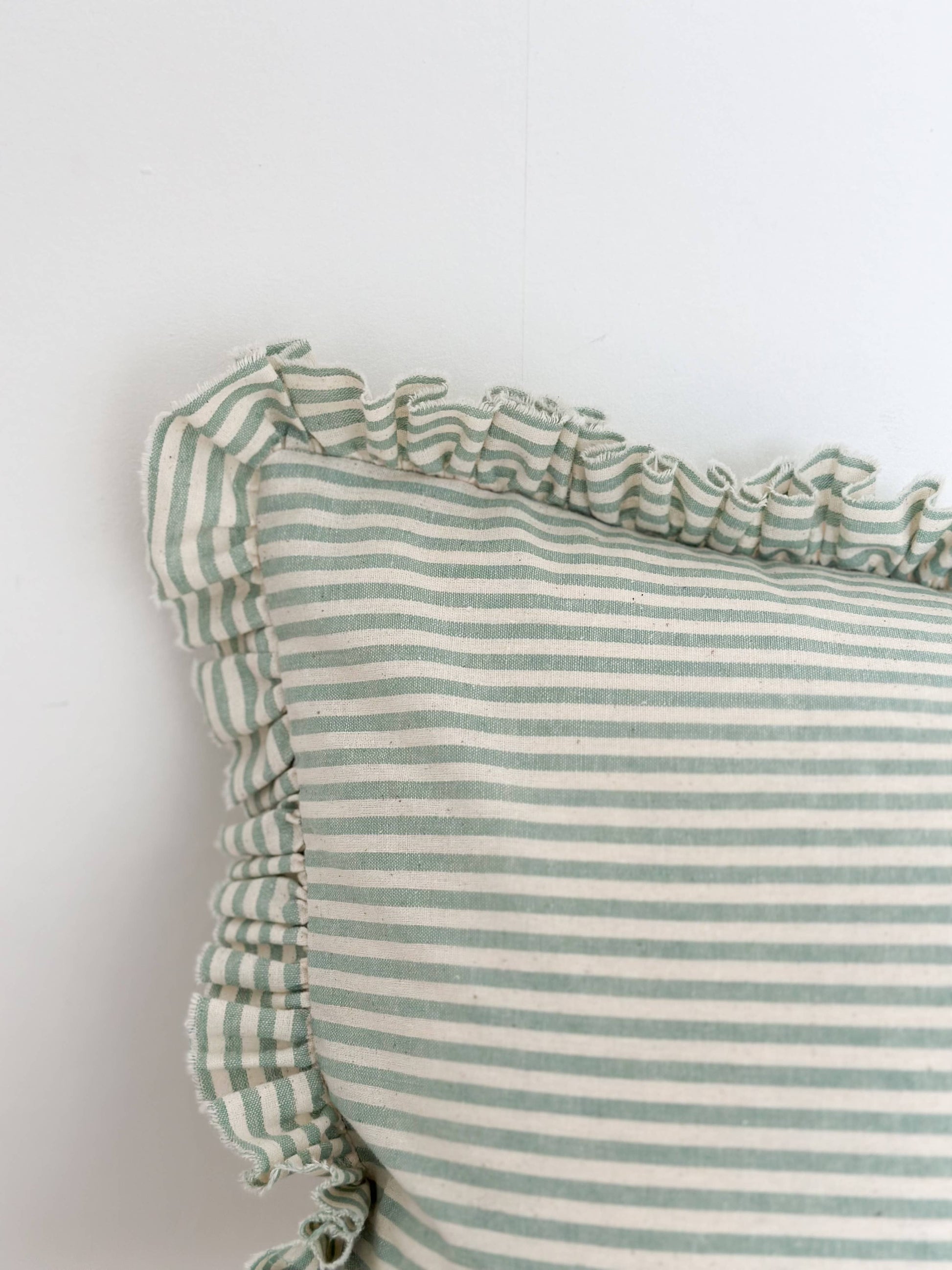 Darcy Ruffle Cotton Cushion Cover 50x30 – Sage Green Stripe - Bridgnorth Furniture
