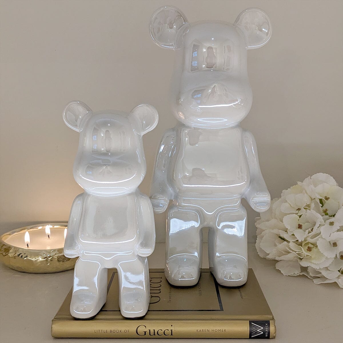 Cream Pearlescent Standing Bear Ornament - Set of 2 - Bridgnorth Furniture