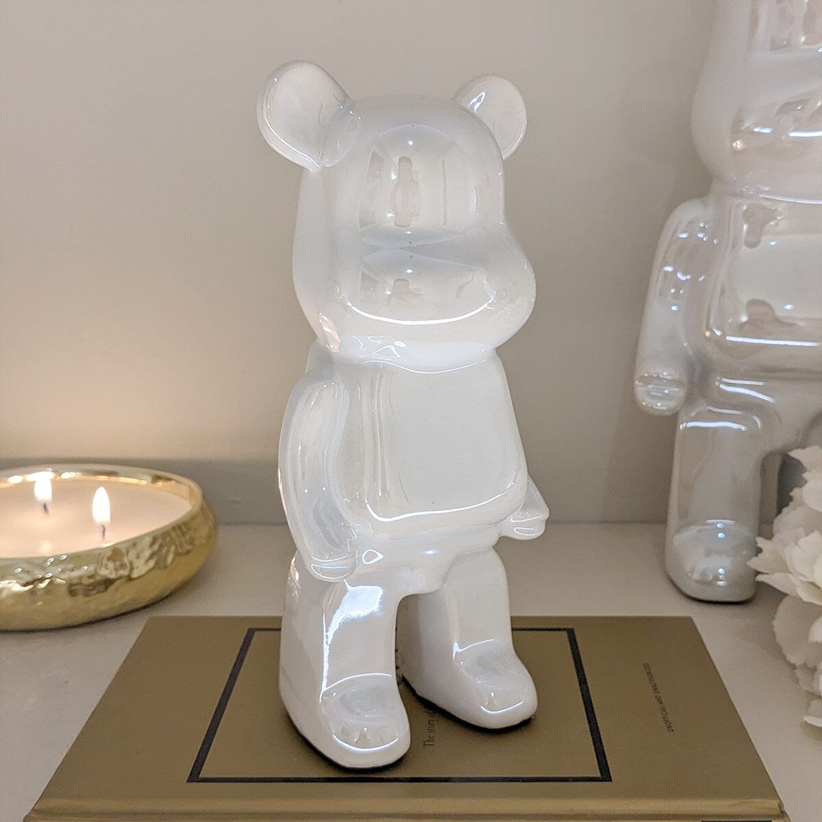 Cream Pearlescent Standing Bear Ornament - Set of 2 - Bridgnorth Furniture