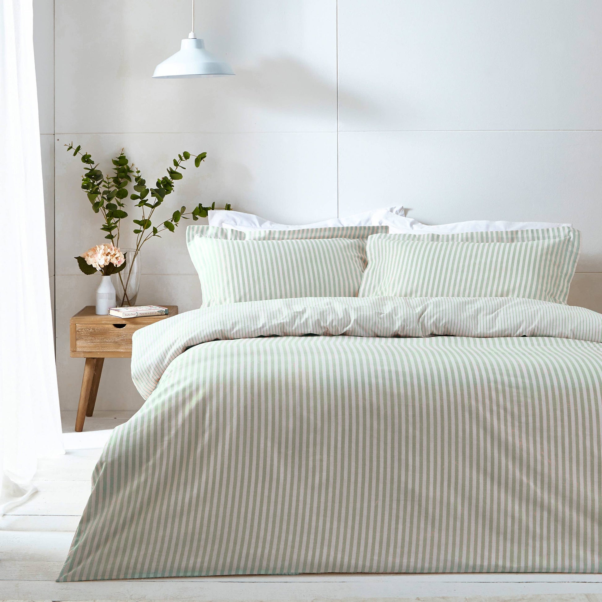 Hebden Mélange Stripe 100% Cotton Duvet Cover Set Eucalyptus - Bridgnorth Furniture