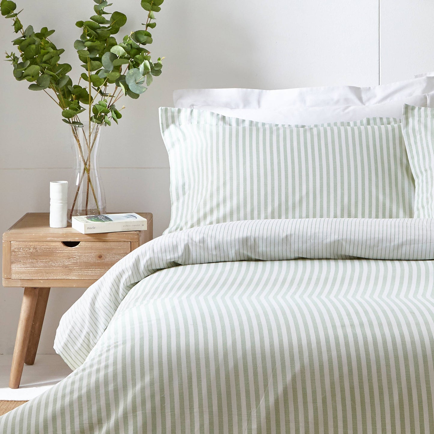 Hebden Mélange Stripe 100% Cotton Duvet Cover Set Eucalyptus - Bridgnorth Furniture