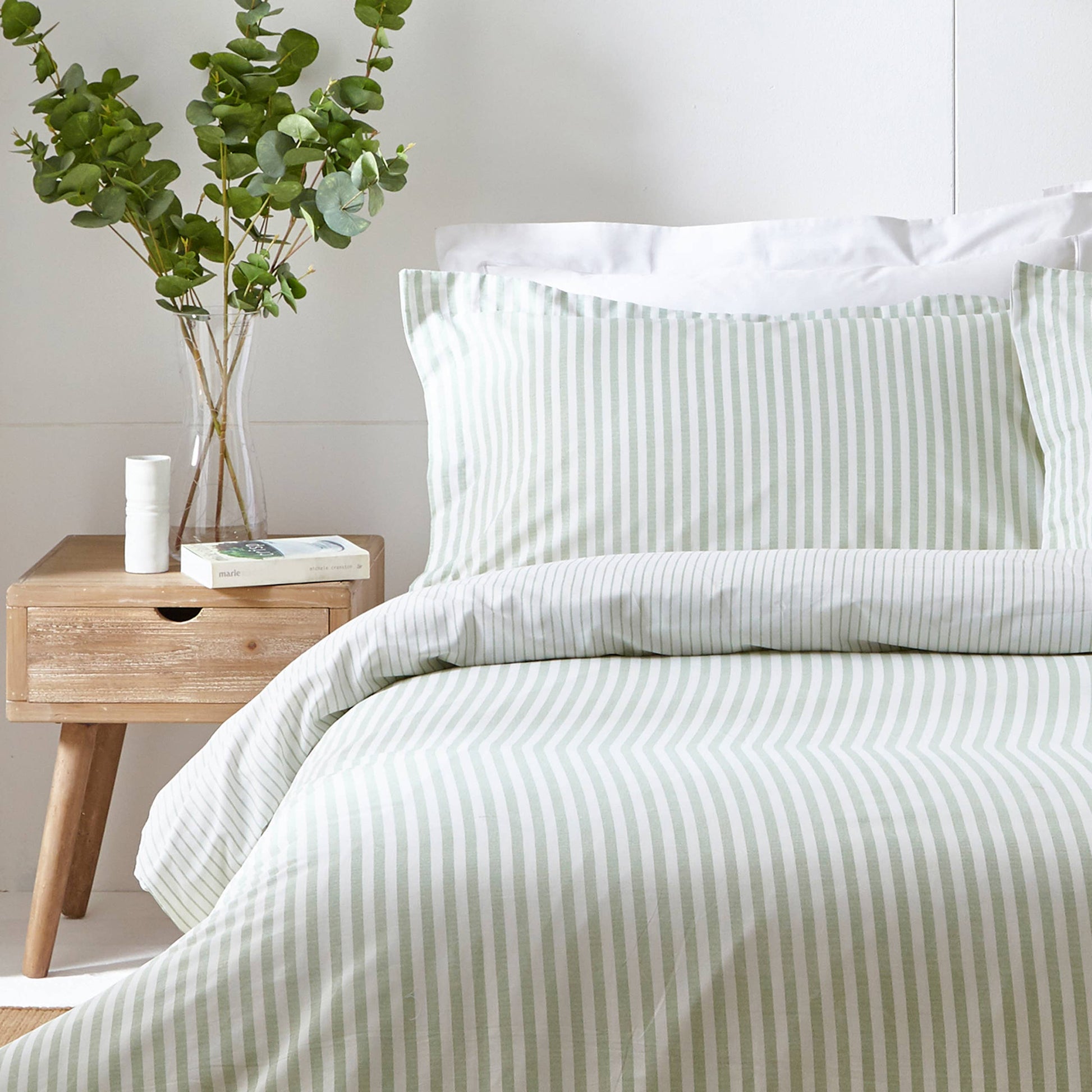 Hebden Mélange Stripe 100% Cotton Duvet Cover Set Eucalyptus - Bridgnorth Furniture