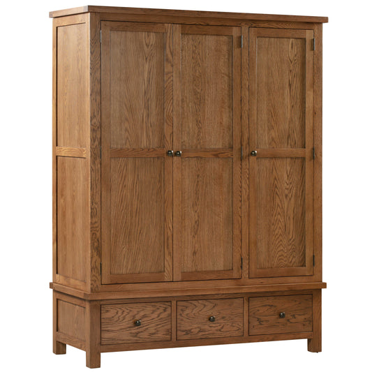 Drayton Rustic Oak Triple Wardrobe With Drawers