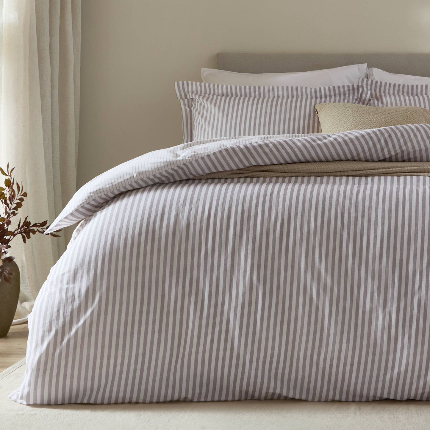 Hebden Mélange Stripe 100% Cotton Duvet Set Mauve - Bridgnorth Furniture