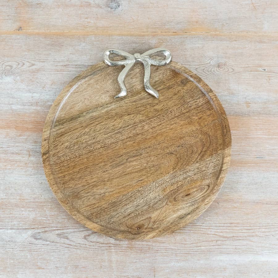 Wooden Plate with Silver Bow, 31cm
