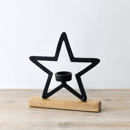 Tea light Black Star Mounted on Wood Base, 25cm - Bridgnorth Furniture