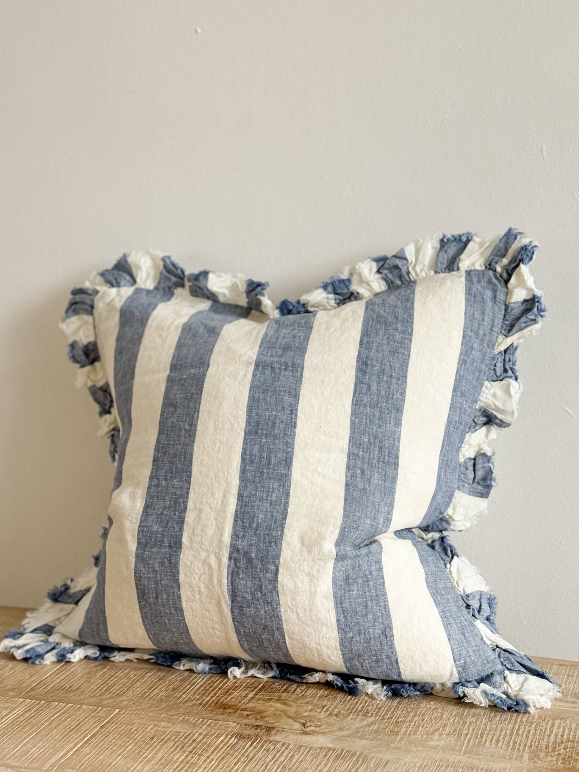 Hallie Ruffled Linen Cushion Cover – Blue Wide Stripe - Bridgnorth Furniture