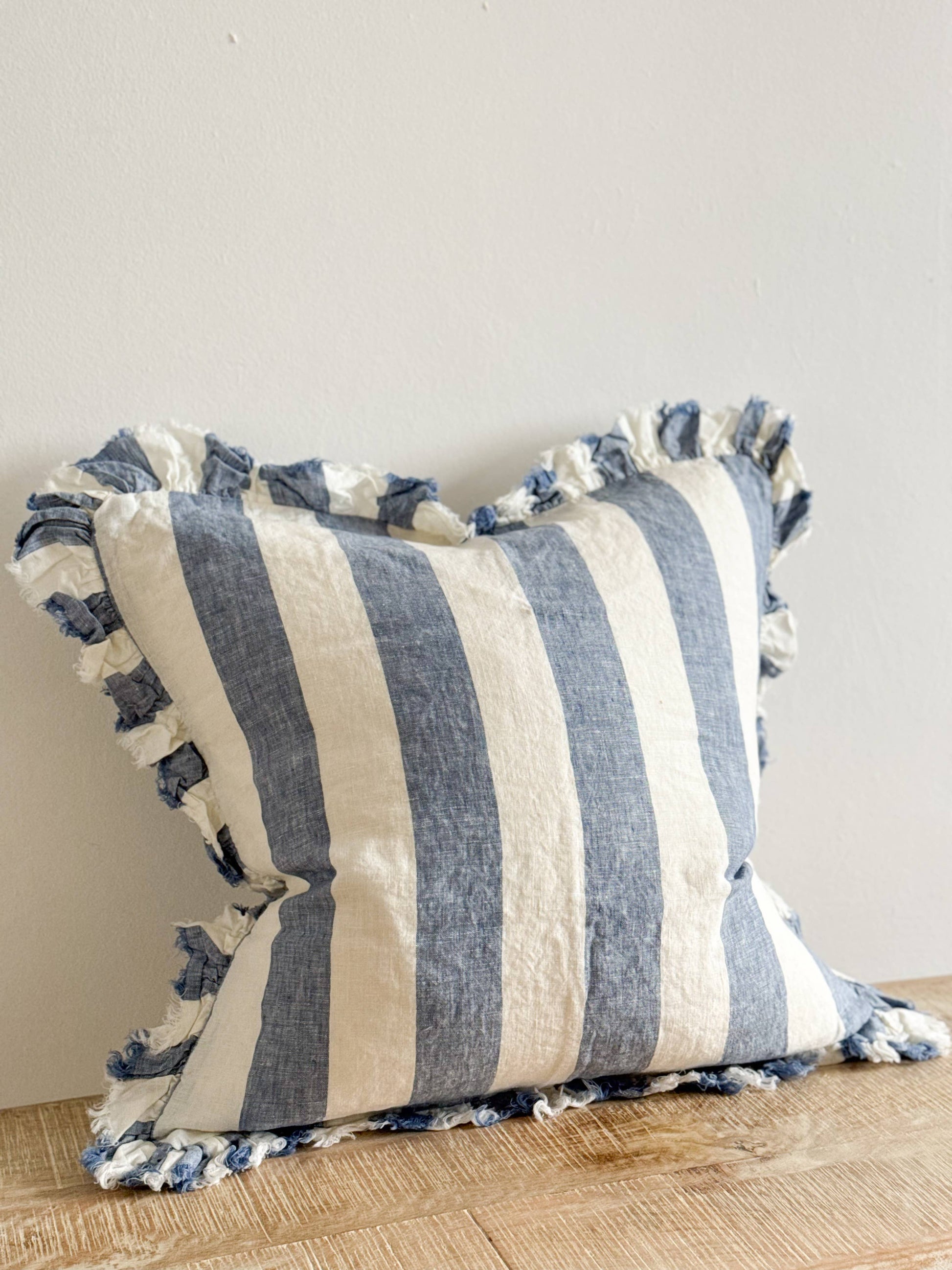 Hallie Ruffled Linen Cushion Cover – Blue Wide Stripe - Bridgnorth Furniture