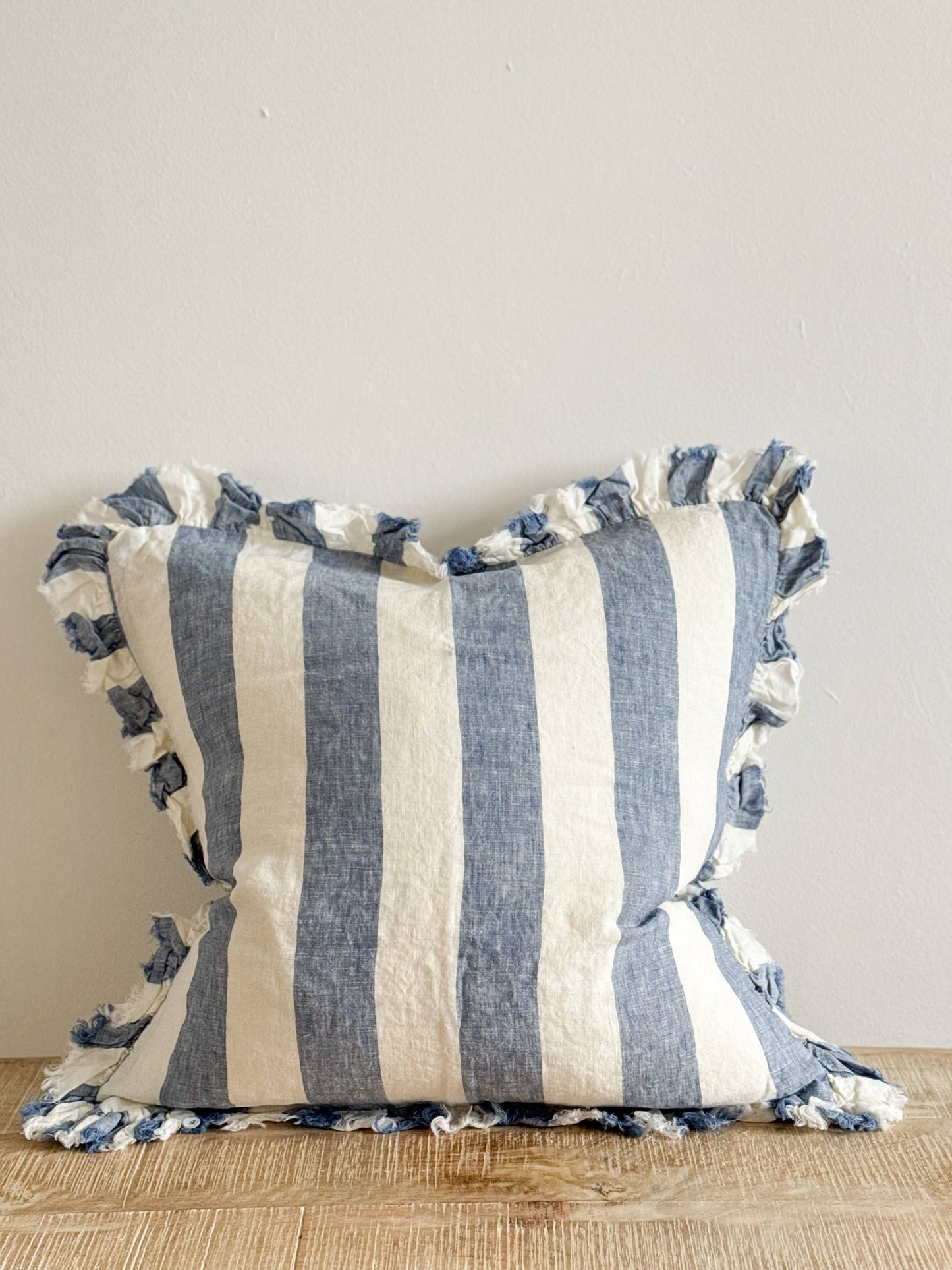 Hallie Ruffled Linen Cushion Cover – Blue Wide Stripe - Bridgnorth Furniture