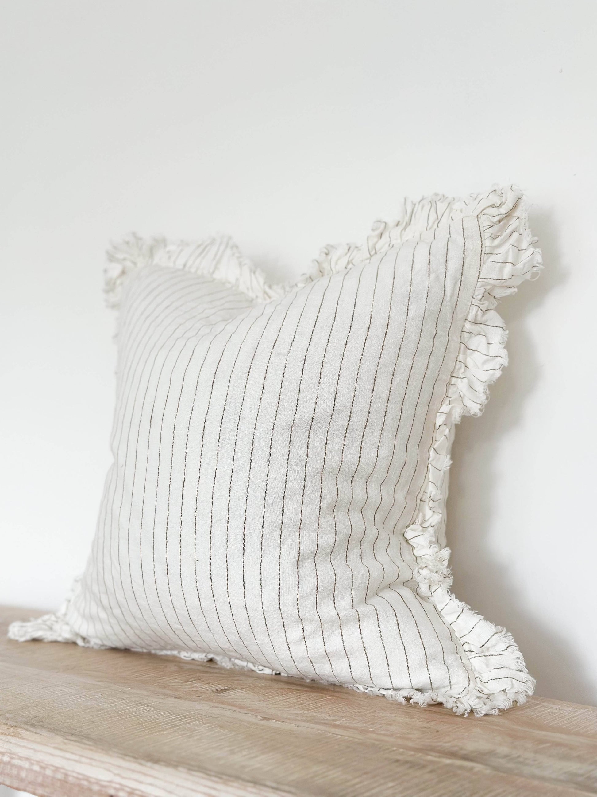 Hallie Ruffled Linen Cushion Cover – Cream & Olive - Bridgnorth Furniture