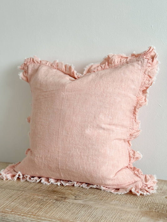 Hallie Washed Pink Cushion Cover – Ruffled edge linen - Bridgnorth Furniture