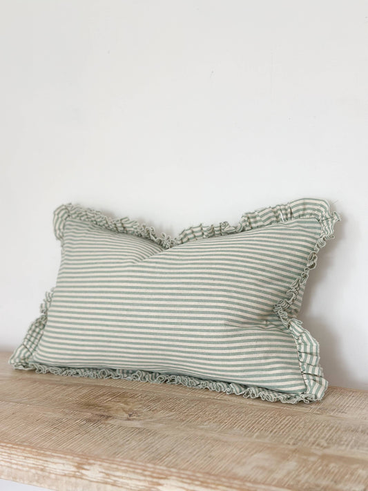 Darcy Ruffle Cotton Cushion Cover 50x30 – Sage Green Stripe - Bridgnorth Furniture