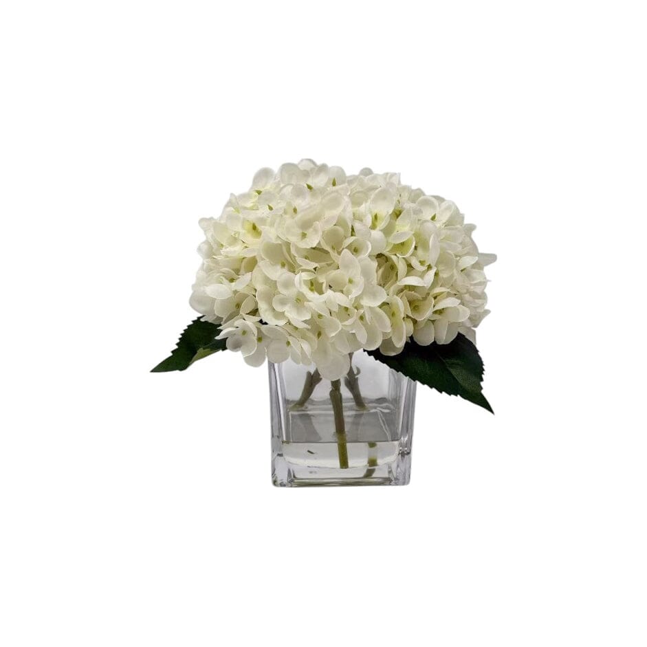 Faux Cream Hydrangeas Floral Arrangement in Square Glass Vase - Bridgnorth Furniture