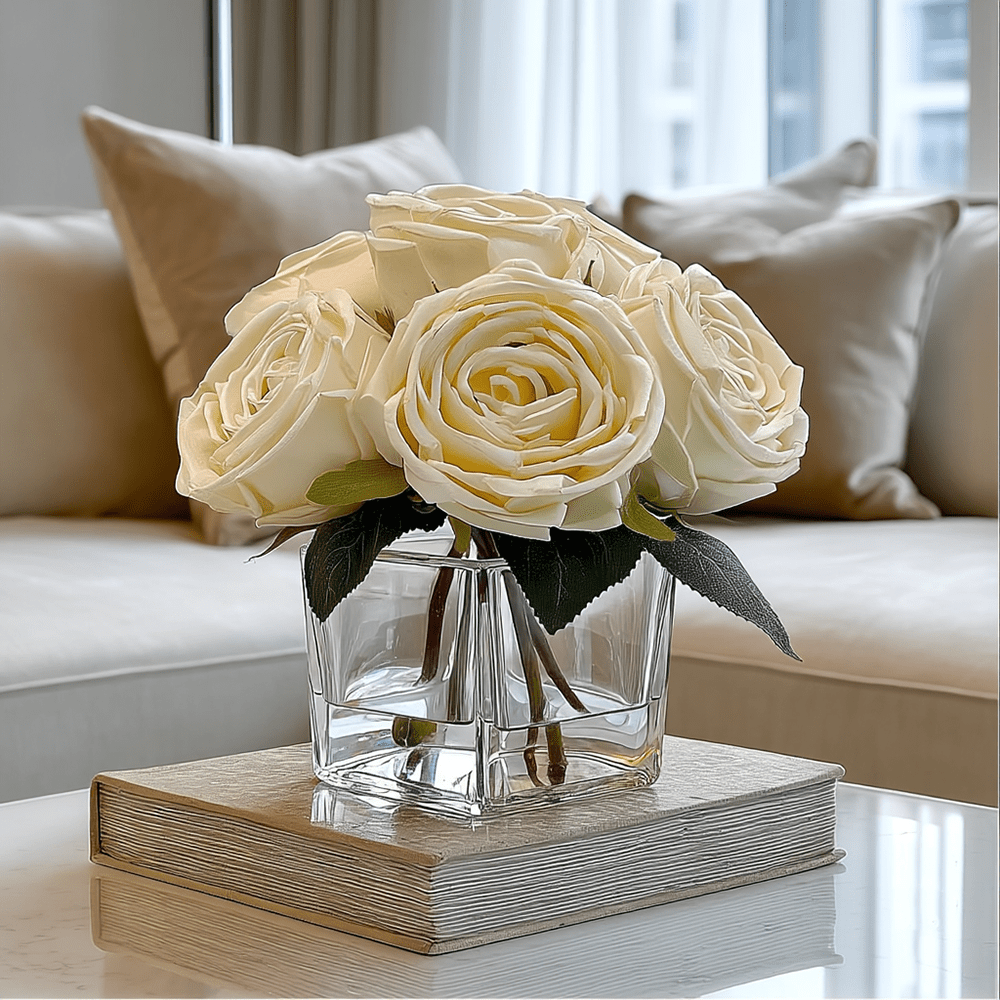 Faux Cream Rose Floral Arrangement in Square Glass Vase - Bridgnorth Furniture